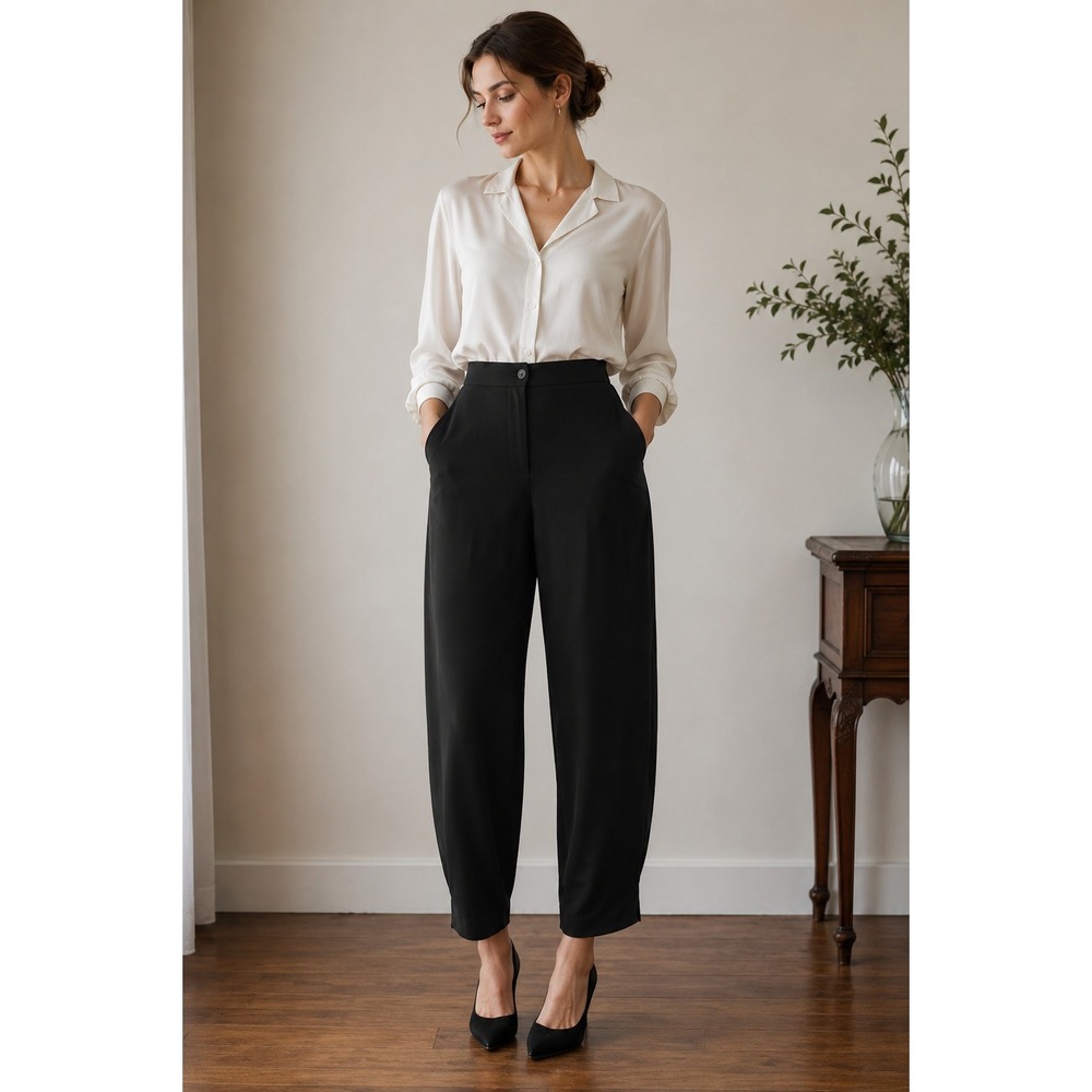 Vintage Elegant Black Silk Tapered Balloon Pants High Rise Quiet Luxury Size 14